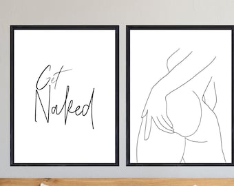 Set van 2 slaapkamerafdrukken, Get Naked-afdrukken, lijnafdrukken, set van 3, muurkunst, huis, slaapkamerdecoratie, naaktfoto, badkamerkunst, badkamerafdrukken,