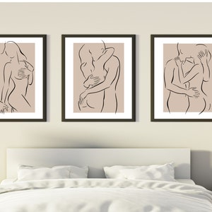 Set of 3 Bedroom Prints, Bedroom Print Line Drawing, Lovers Line Drawing Wall Art, Wall Decor, Clean line art, Couple wall art,