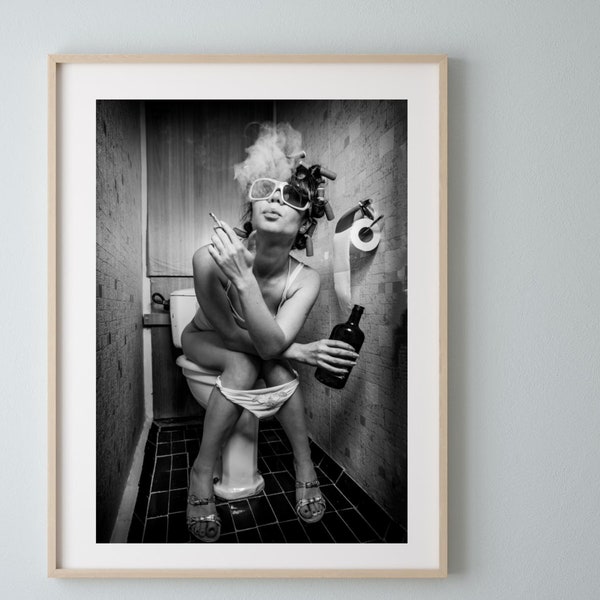 Girl on Toilet | Girl on Toilet Drinking | Girl on Toilet Drinking Print | Monochrome Wall Print | Toilet Print, Set of 2 Print | Bathroom