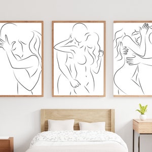 Set of 3 Line Drawing, Couple Line Prints, Couple Wall Art,  Bedroom Prints, Minimal Prints, Abstract Line Prints, Bedroom Decor