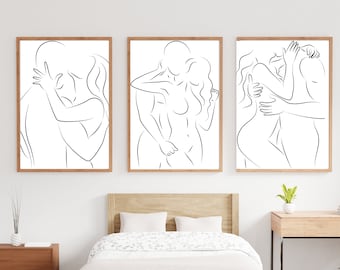 Set of 3 Line Drawing, Couple Line Prints, Couple Wall Art,  Bedroom Prints, Minimal Prints, Abstract Line Prints, Bedroom Decor