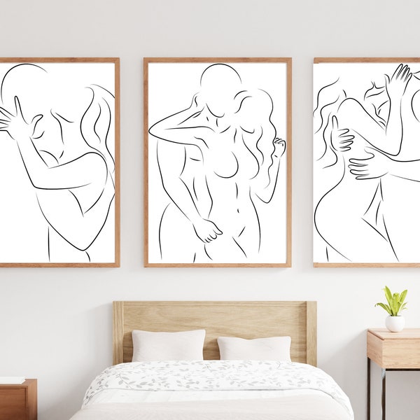 Set of 3 Line Drawing, Couple Line Prints, Couple Wall Art,  Bedroom Prints, Minimal Prints, Abstract Line Prints, Bedroom Decor