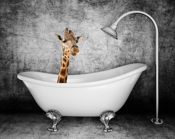 Giraffe in the Bath, Giraffe in the Bathtub Print, Giraffe Print, Monochrome Wall Print, Toilet Print, Bathroom decor, bathroom print