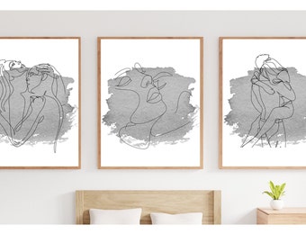 Set of 3 Couple Line Art Prints , Line Art,  Line Drawing , Abstract Prints, Grey Prints , Couple Prints, Minimal Prints