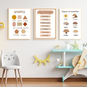 Set di 3 poster educativi, arte murale dell'alfabeto, stampe per la scuola materna, decorazioni per aule Montessori, asilo nido neutro per bambini, stampe per sala giochi boho