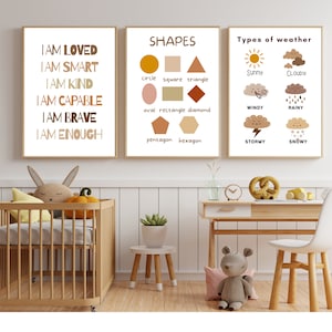 Set di 3 poster educativi, arte murale dell'alfabeto, stampe per la scuola materna, decorazioni per aule Montessori, asilo nido neutro per bambini, stampe per sala giochi boho