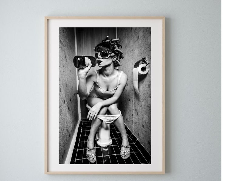 Girl on Toilet | Girl on Toilet Drinking and Smoking Prints |  Girl on Toilet Drinking Print | Monochrome Wall Print | Toilet Print 