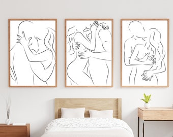 Set of three couple Line Drawing, Couple Line Prints, Couple Wall Art,  Bedroom Prints, Minimal Prints, Abstract Line Prints, Bedroom Decor