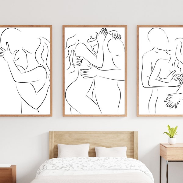 Set of three couple Line Drawing, Couple Line Prints, Couple Wall Art,  Bedroom Prints, Minimal Prints, Abstract Line Prints, Bedroom Decor
