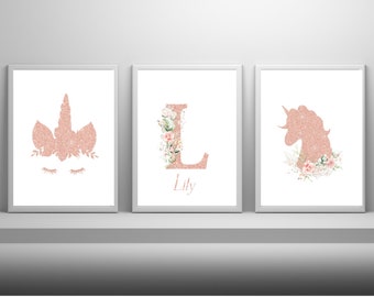 Set of 3 Unicorn Personalised Prints, Nursery Decor, Nursery Prints, Girls Bedroom Prints, Unicorn Prints, Girl Bedroom Decor, Unicorn Decor