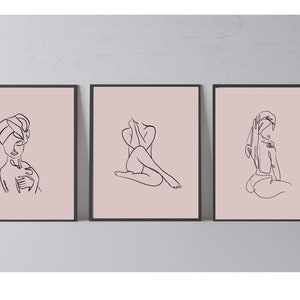 Set of 3 Female Line Art Bathroom | Female Line Art | Woman Figure | Wall Print | Woman With Towel On Head | Bathroom Print | Bathroom Decor