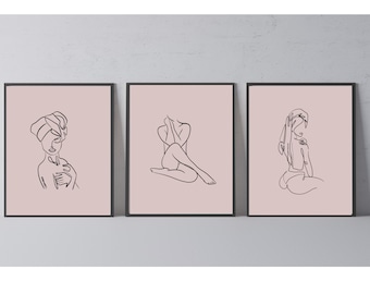 3er Set Weibliche Linie Kunst Badezimmer | Weibliche Linie Kunst | Frauen Figur | Wandbild | Frau mit Handtuch auf Kopf | Badezimmer Druck | Badezimmer Dekor