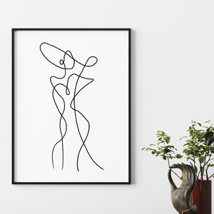 May include: A black and white line drawing of a person in a minimalist style, framed in a black frame.