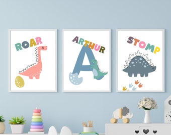 Dinosaurusafdrukken, set van 3 dinosaurusafdrukken, dinosauruskwekerijafdrukken, kinderkamerdecor, jongensslaapkamerdecor, dinosaurusmuurkunst, gepersonaliseerde Dino