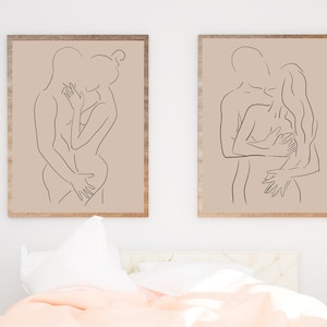 Set of 2  Lovers Line Drawing Wall Art, Line drawing,  Couple Wall Art, Wall Decor, Clean Line Art, Couple Wall Art, Bedroom Prints