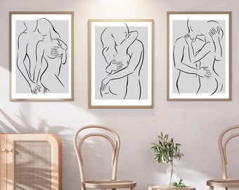 Set Of Three Couple Line Art Prints , Line Drawing , Grey Prints , Couple Prints, Line Drawing, Lovers Line Drawing Wall Art