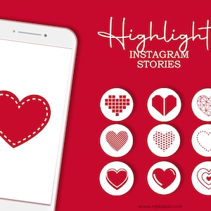 Puede incluir: La pantalla de un teléfono inteligente muestra un corazón rojo con un contorno blanco cosido. El teléfono está sobre un fondo rojo con texto blanco que dice "Highlights Instagram Stories". Debajo del texto hay nueve círculos blancos con iconos de corazón rojos en su interior. Los iconos incluyen un corazón con un diseño pixelado, un corazón con un diseño geométrico, un corazón con un diseño a rayas, un corazón con un diseño de puntos, un corazón con un contorno discontinuo, un corazón sólido, un corazón con un corazón más pequeño en su interior y un corazón con un contorno roto.
