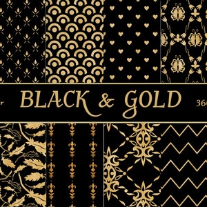 Puede incluir: Doce patrones de papel digital en negro y dorado con varios diseños geométricos y florales. Los patrones son de 3600 x 3600 píxeles.