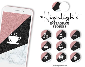 Glitter Instagram Highlights stories, Instagram Highlight Covers, Instagram Icons, Highlight Icons, Pink Black Glitter and White Marble