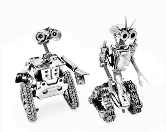 Wall-e And Johnny 5 Short-circuit Set Recycled Handmade Metal Art Productions Sculptures