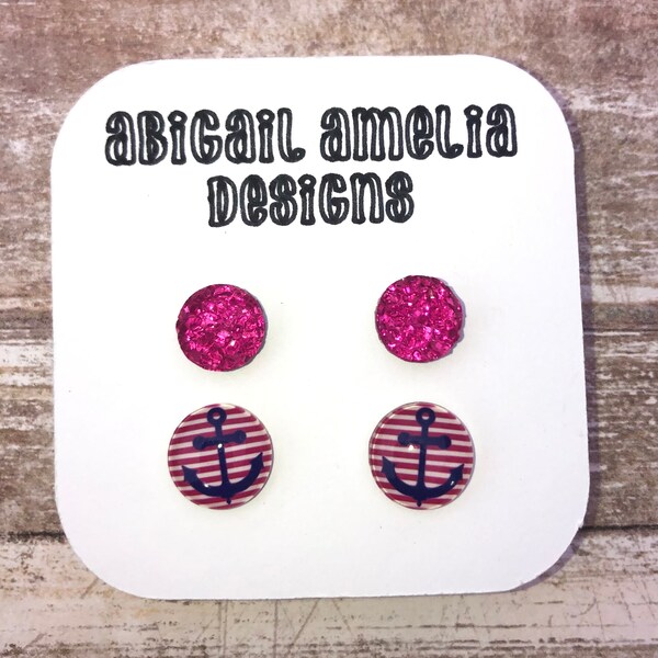 Hot Pink Faux Druzy and Anchor Photoglass Earring Sets