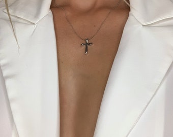 Silver cross pendant necklace. Chain 925 sterling silver. Religious Christian jewellery