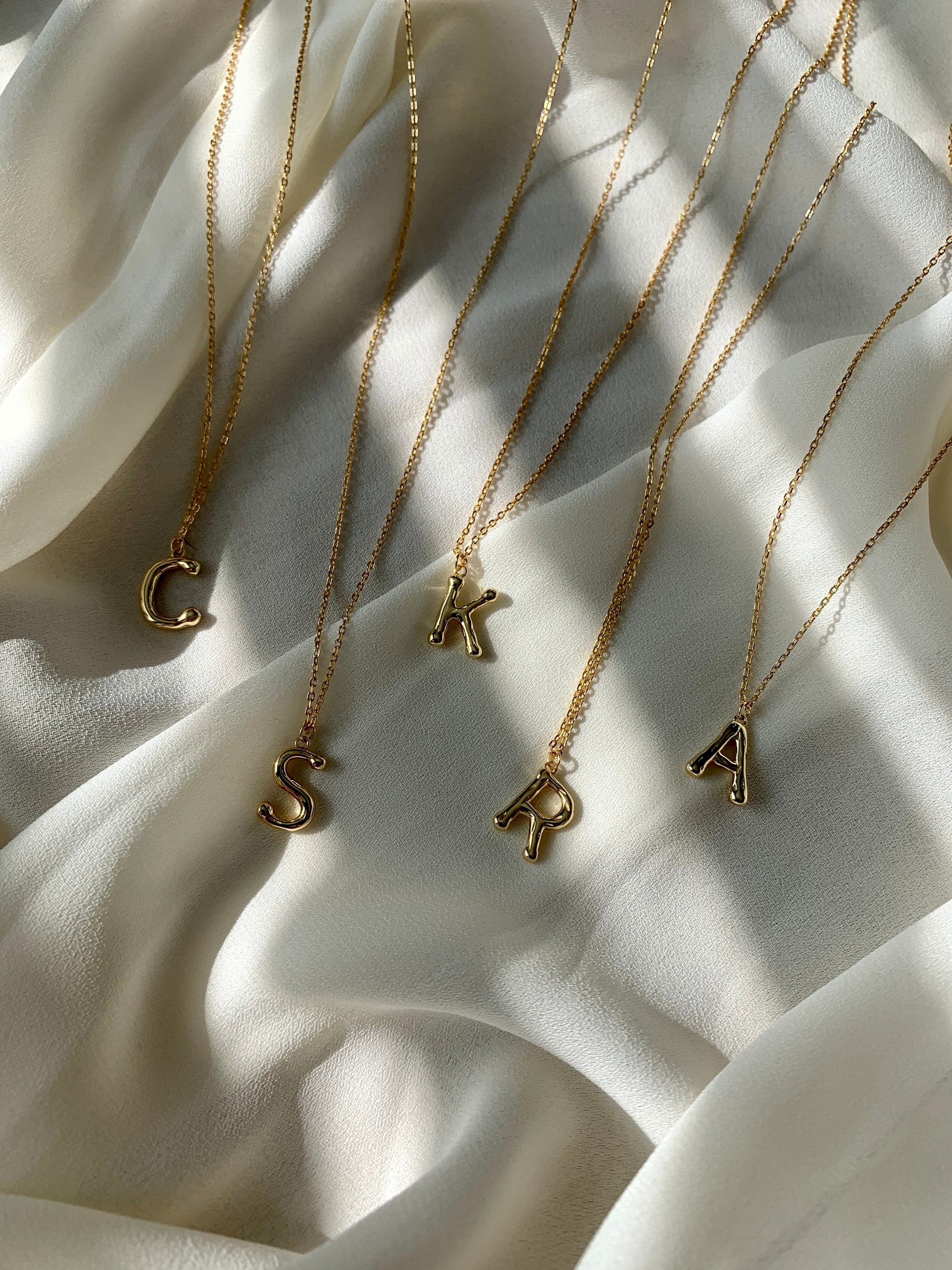 Gold Initial Letter Necklace Bamboo Pendant. Chain Pendant 18k Gold Plated Sterling Silver 925 Etsy