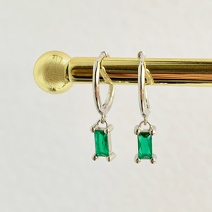 Emerald Drop Earrings, Simple Silver Earrings, Emerald Hoops, Emerald Gem Gift, Delicate Silver Hoops, Gemstone Hoops, Green Earrings, gift