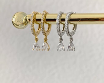 Mini hoop huggies with pear drop earring. 925 sterling silver, gold plating dangle micro paved huggie cubic zirconia