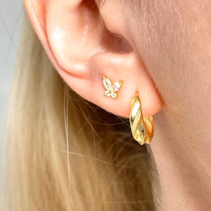 Gold Butterfly stud earrings. 925 sterling silver, cubic zirconias