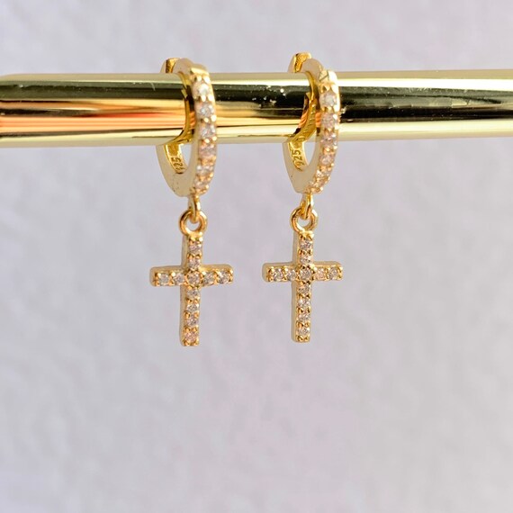 Gold Cross Huggie Hoop Micro Paved Cubic Zirconias