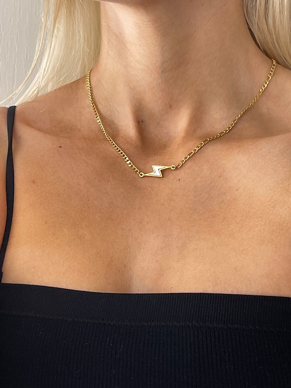 Gold Lightning Bolt Figaro Chain Necklace Choker. Stainless Steel
