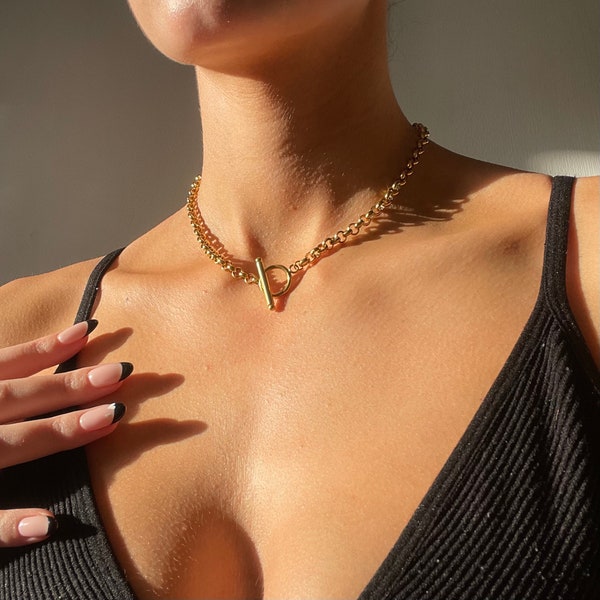 Gold Knebel Choker, Gold Link Choker, Kette Link Halskette, Layering Halskette, Toggle Anhänger, T-Bar Halskette, zierliche Choker Halskette, Geschenk