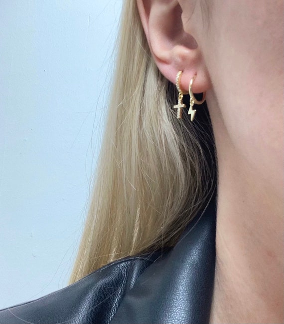 Gold Cross Huggie Hoop Micro Paved Cubic Zirconias