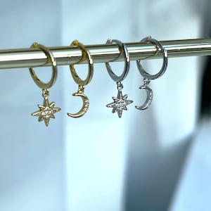 Sun And Moon Earrings, Celestial Huggies, Mismatch Earrings, Dangle Hoops, Celestial Hoops, Dainty Sun Hoops, Dainty Moon Hoops, Huggies