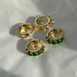 Green and clear crystal mini hoops. Gold huggie earrings with cubic zirconia stones. Gift for her bridesmaid small hoops
