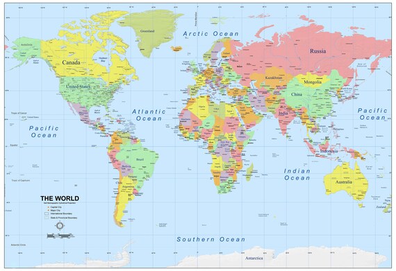 world map atlas geography political poster print in etsy