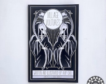 Puede incluir: Folleto en blanco y negro titulado "Village Vultures" con dos figuras parecidas a la Muerte con guadañas. También se ve el texto "Written and Illustrated by Ray Chel" y "Chapters 0-2 Teaser Booklet".