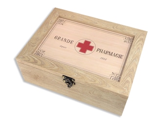 Wooden Bedside Medicine Box - Hinged Lid Cute Rustic Storage for Medications - Decorative Farmhouse Pill Organizer -Vintage French Style Box