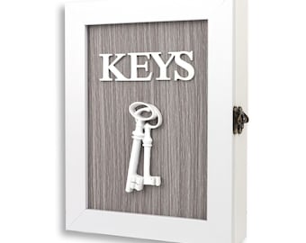 White/Walnut Wooden Key Cabinet for Wall, Rustic Key Box with 6 Hooks, Farmhouse Key Holder, Key Rack, Decorative Key Organizer for Entryway
