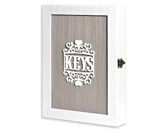 White Wooden Key Cabinet for Wall, Vintage Key Box with 6 Hooks, Farmhouse Key Holder, Ornate Key Rack,Decorative Key Organizer for Entryway