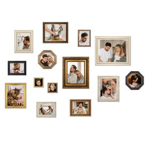 14 Piece Assorted Vintage Gallery Wall Frame Set Different Size Antique Picture Frame Collage for Wall Ornate Gold and Rustic Wooden Frames