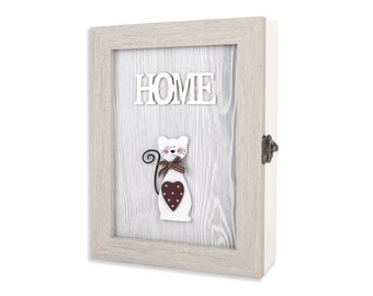 Wooden Key Box - Gray Key Box - Key Holder - Key Box for Wall – Rustic Key Box with "HOME" lettering - Cute Key Box Storage with Cat
