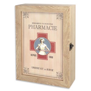 May include: A wooden first aid cabinet with a vintage pharmacy label. The label features a red cross, a woman in a nurse's uniform, and the text "MEDICAMENTS TOUJOURS FRAIS PHARMACIE DEPUIS 1868 URGENCE KIT de SURVIE".