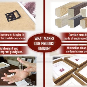 Puede incluir: Imagen que muestra las caracter&iacute;sticas de los marcos de fotos. Destaca colgadores fiables, molduras de madera duraderas, plexigl&aacute;s ligero y un dise&ntilde;o minimalista. Texto: "&iquest;QU&Eacute; HACE QUE NUESTRO PRODUCTO SEA &Uacute;NICO?"