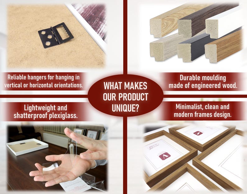 Puede incluir: Imagen que muestra las caracter&iacute;sticas de los marcos de fotos. Destaca colgadores fiables, molduras de madera duraderas, plexigl&aacute;s ligero y un dise&ntilde;o minimalista. Texto: "&iquest;QU&Eacute; HACE QUE NUESTRO PRODUCTO SEA &Uacute;NICO?"