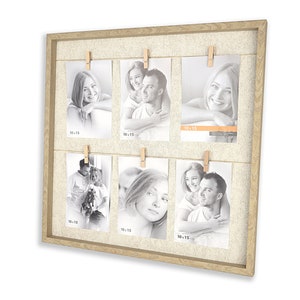Rustic Clothespin Picture Frame with 6 Clips - Wooden Clip Collage Frame - Wall Mount Photo Display Board - Board for Hanging 4x6” Pictures