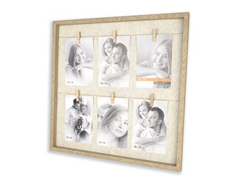 Rustic Clothespin Picture Frame with 6 Clips - Wooden Clip Collage Frame - Wall Mount Photo Display Board - Board for Hanging 4x6” Pictures