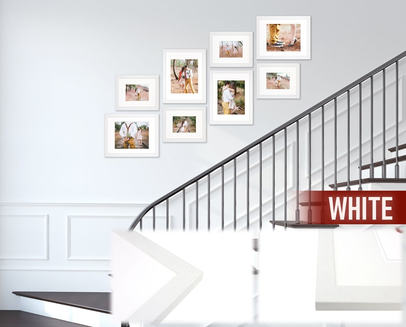 8 Piece Stair Picture Frame Set for Wall – Stairwell Gallery Wall Frame Set –Rustic Stairway Décor for Walls - Wooden Ladder Picture Frames