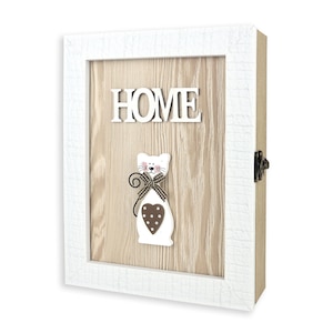 Wooden Key Cabinet for Wall Rustic Key Box with 6 Hooks Farmhouse Key Holder Key Rack Decorative Key Organizer with Cat and HOME Lettering